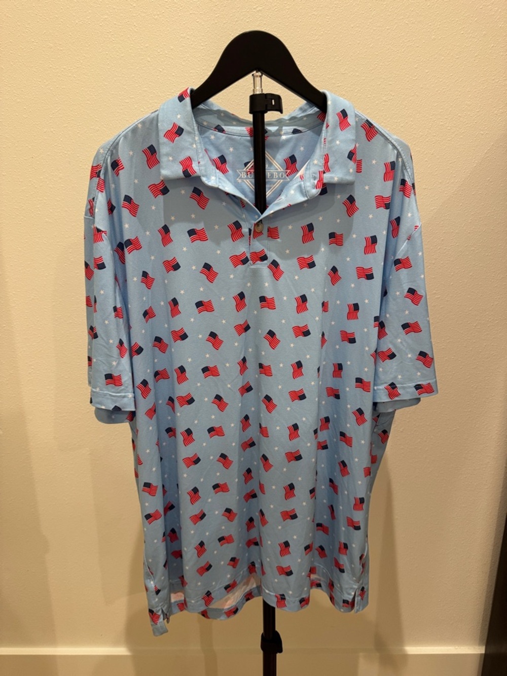 BURLEBO Light Blue Polo with Red & Navy Flag Print